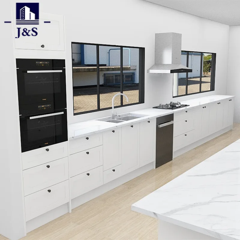 White Shaker Kitchen ມີເກາະ Marble